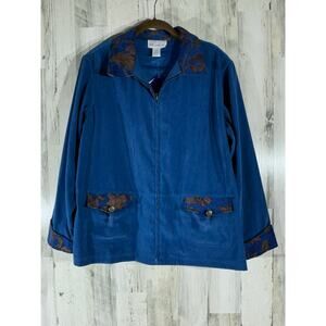 Susan Graver Style Jacket Size Large Full Zip Blue Brown Tapestry Accents
